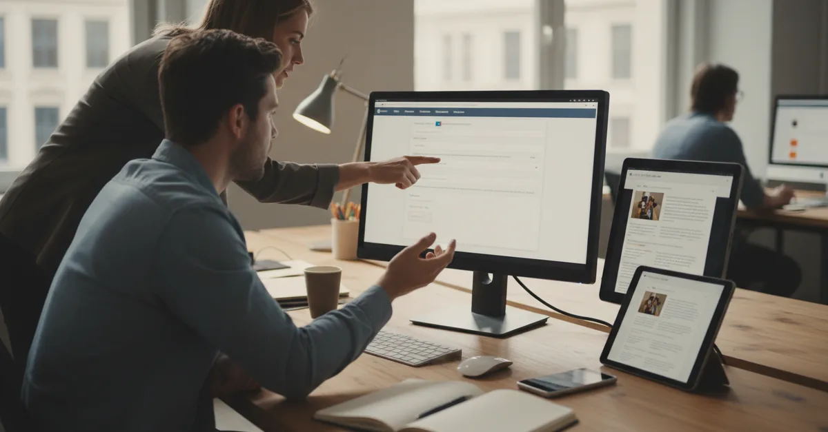 Content editor and developer previewing one article across desktop, tablet and phone