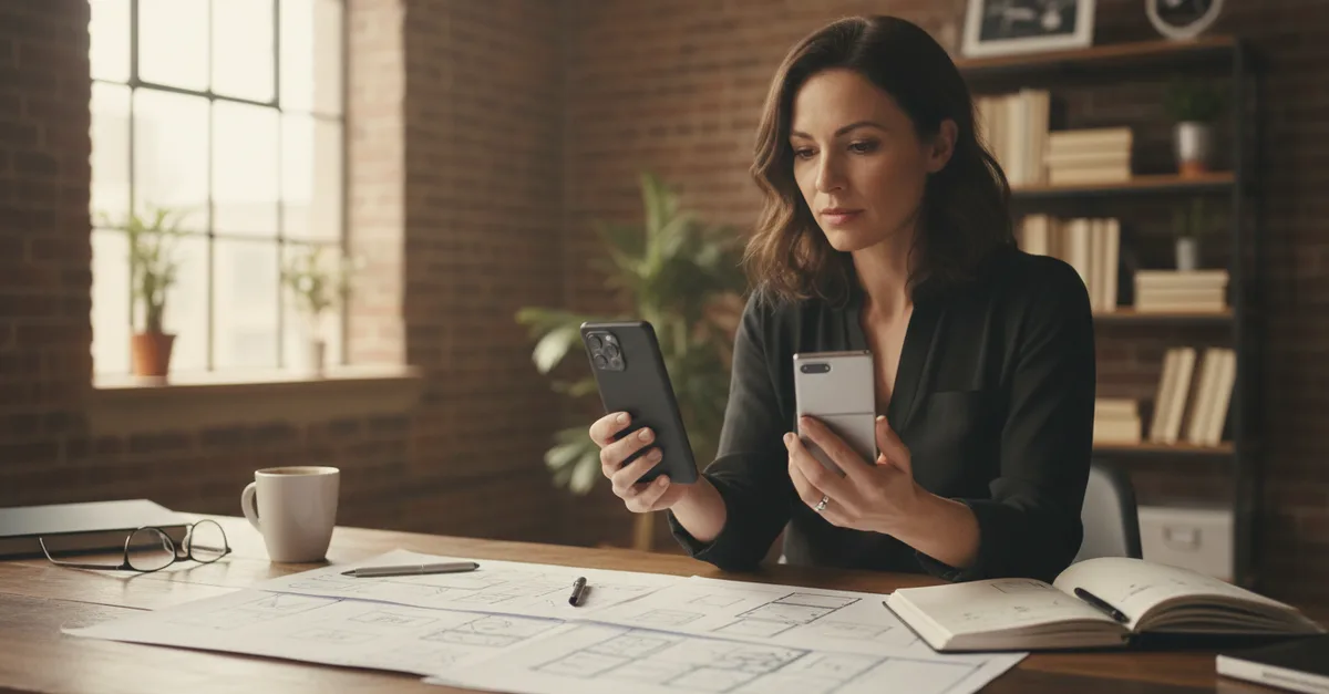 Founder comparing two smartphone app prototypes over printed wireframes