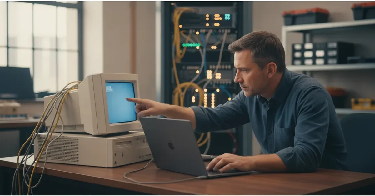 Engineer comparing an old desktop system with a modern laptop in an operations room