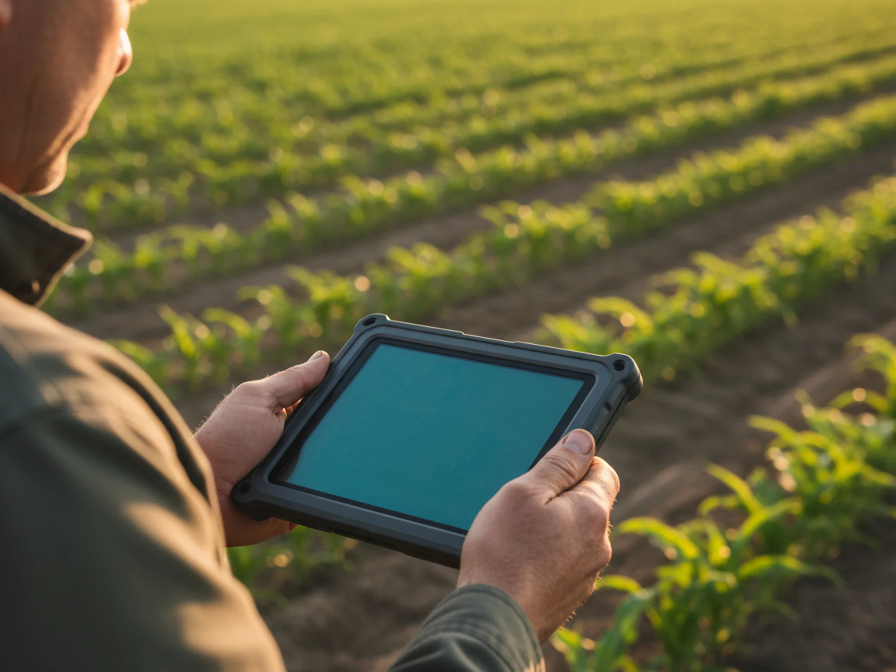 Farmer holding a rugged tablet in a crop field at golden hour