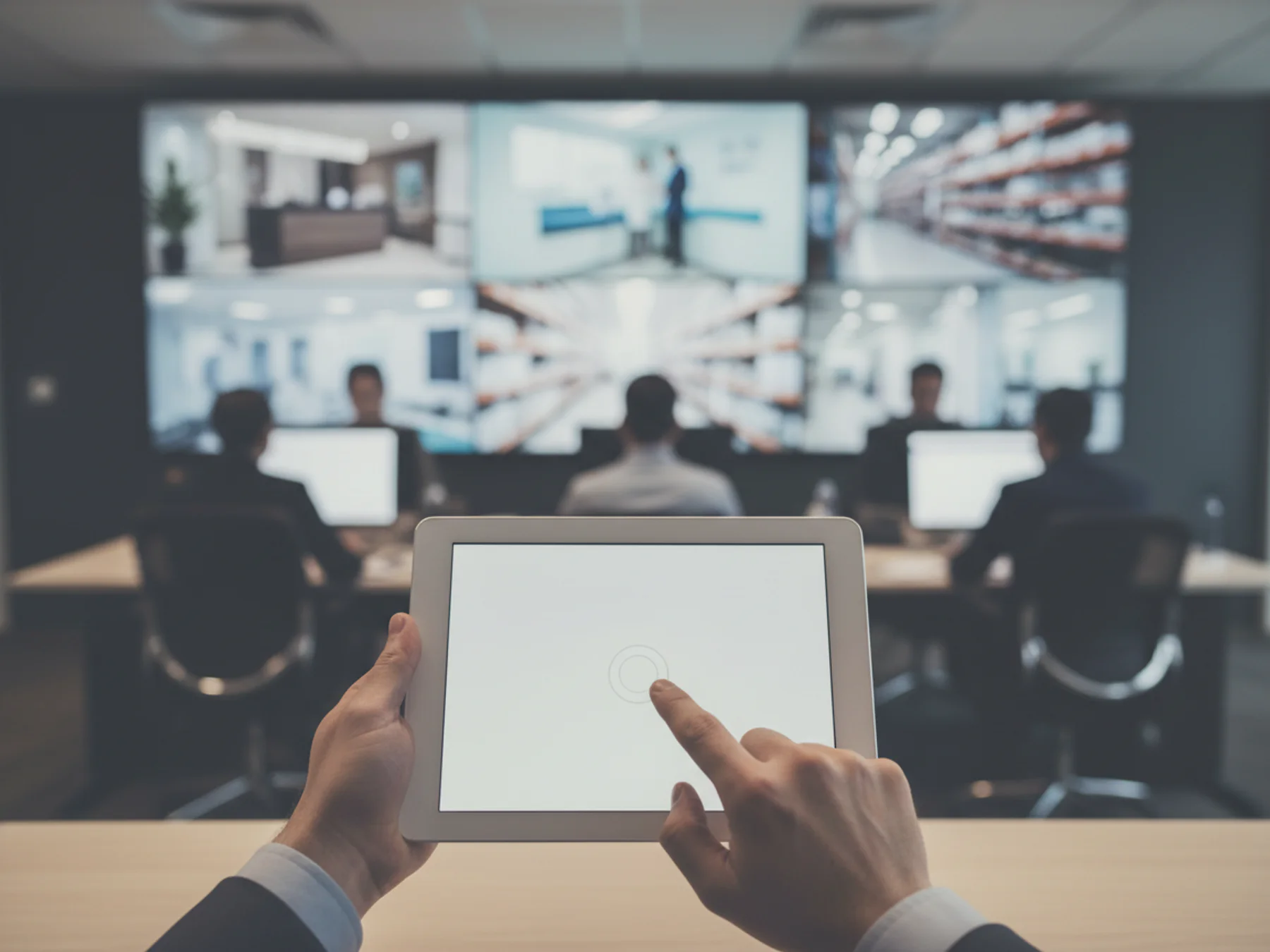 Hands approving an action on a tablet in front of screens showing a hotel, a clinic and a warehouse