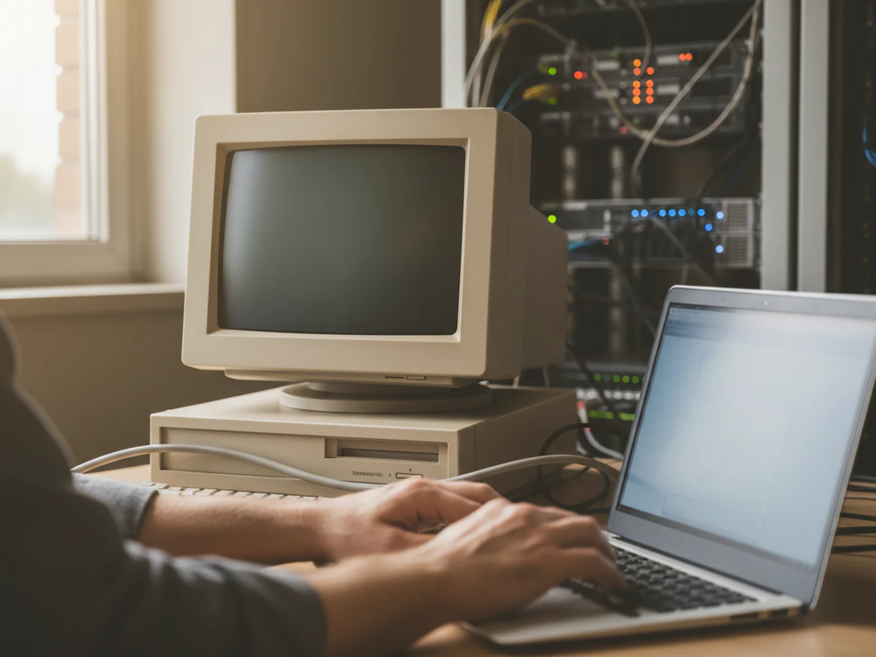 Hands on a modern laptop still cabled to an old desktop computer, server rack behind