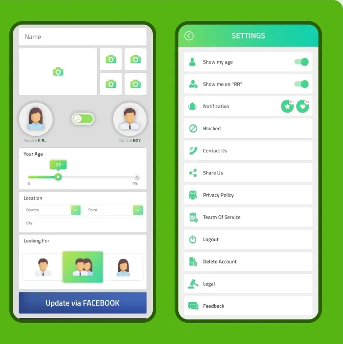 Profile set-up and settings screens of a dating app