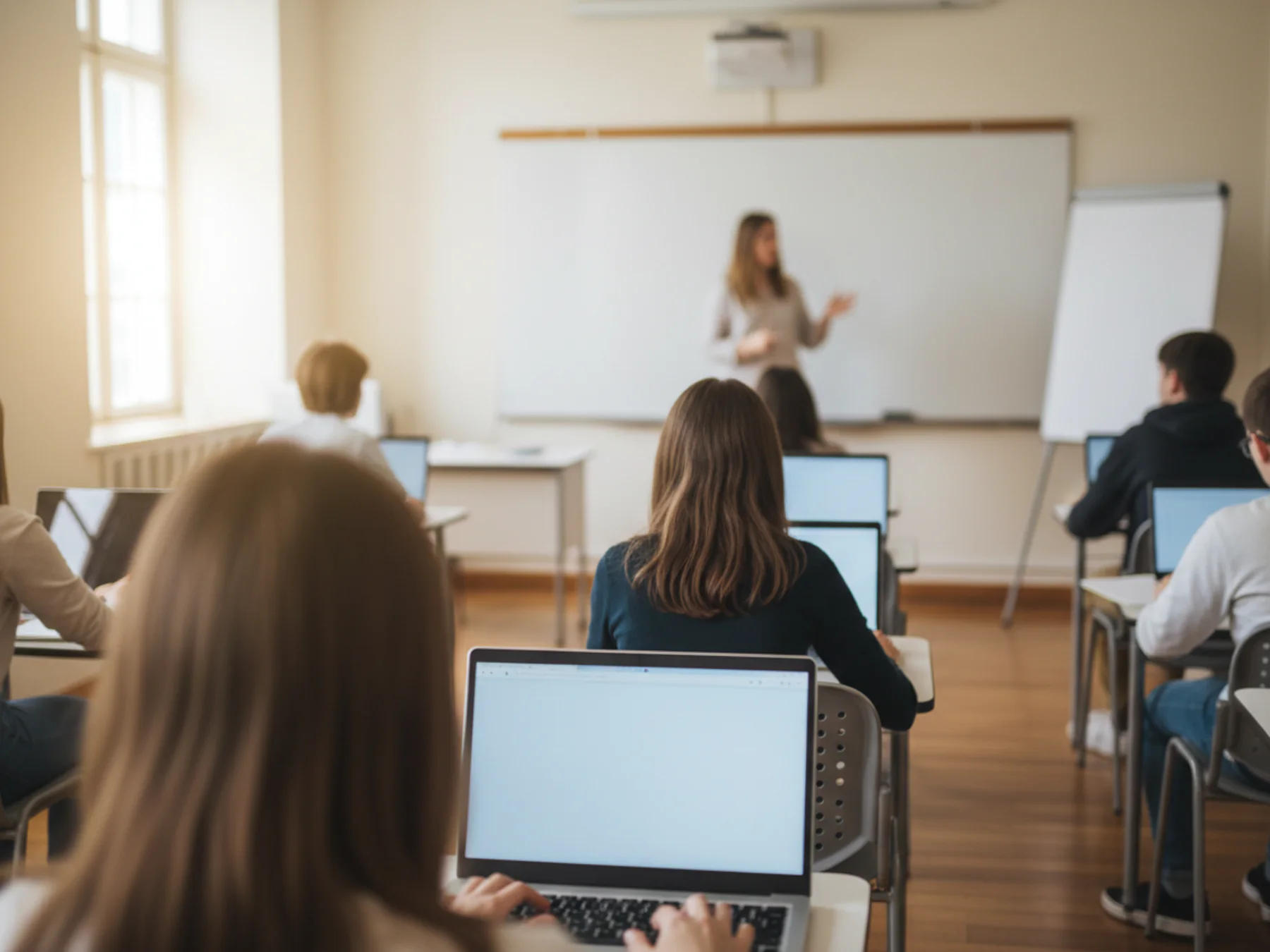 Students with laptops in a bright classroom, the teacher at the front