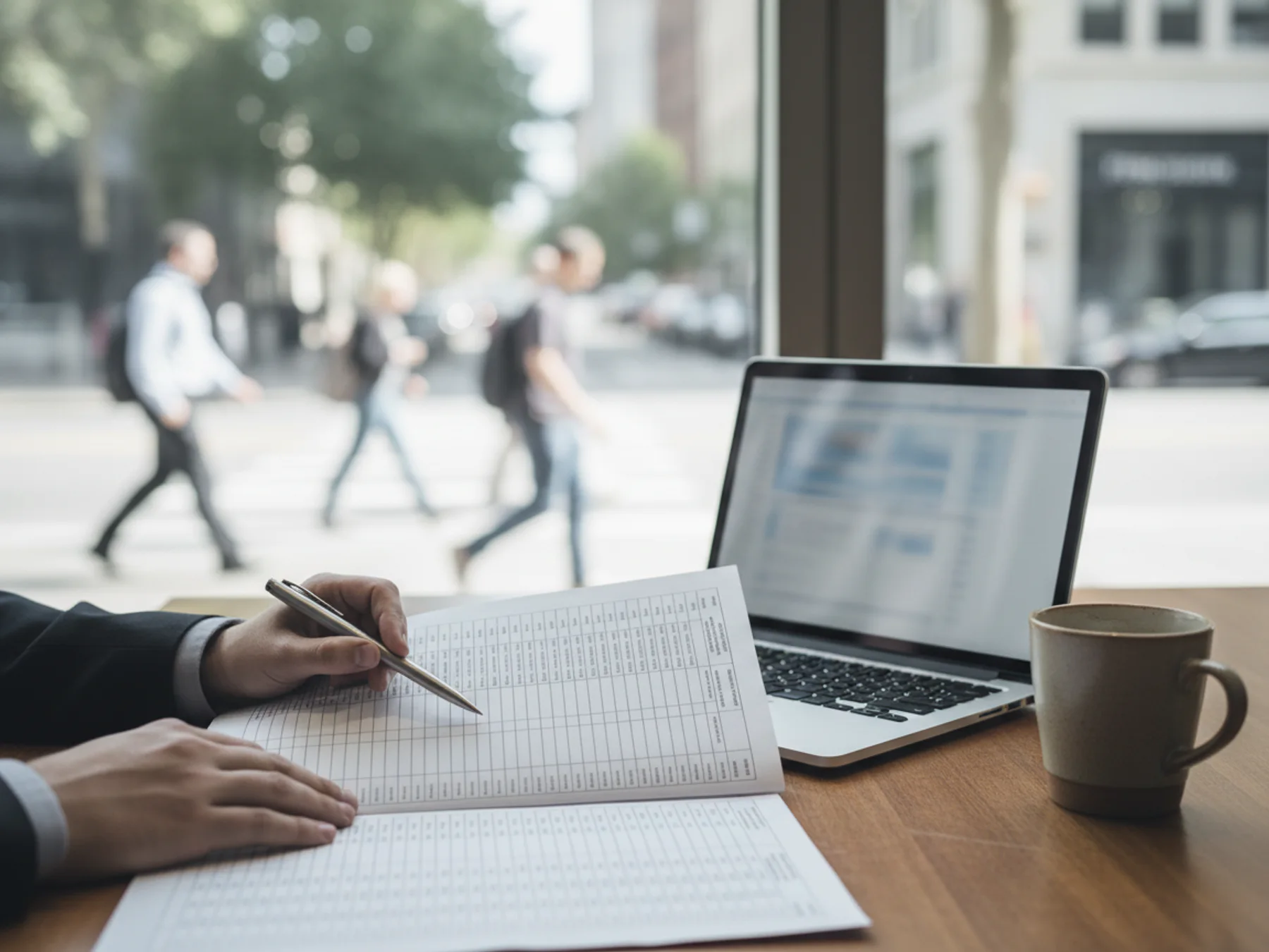 Hands checking a printed statement against a laptop on a finance desk
