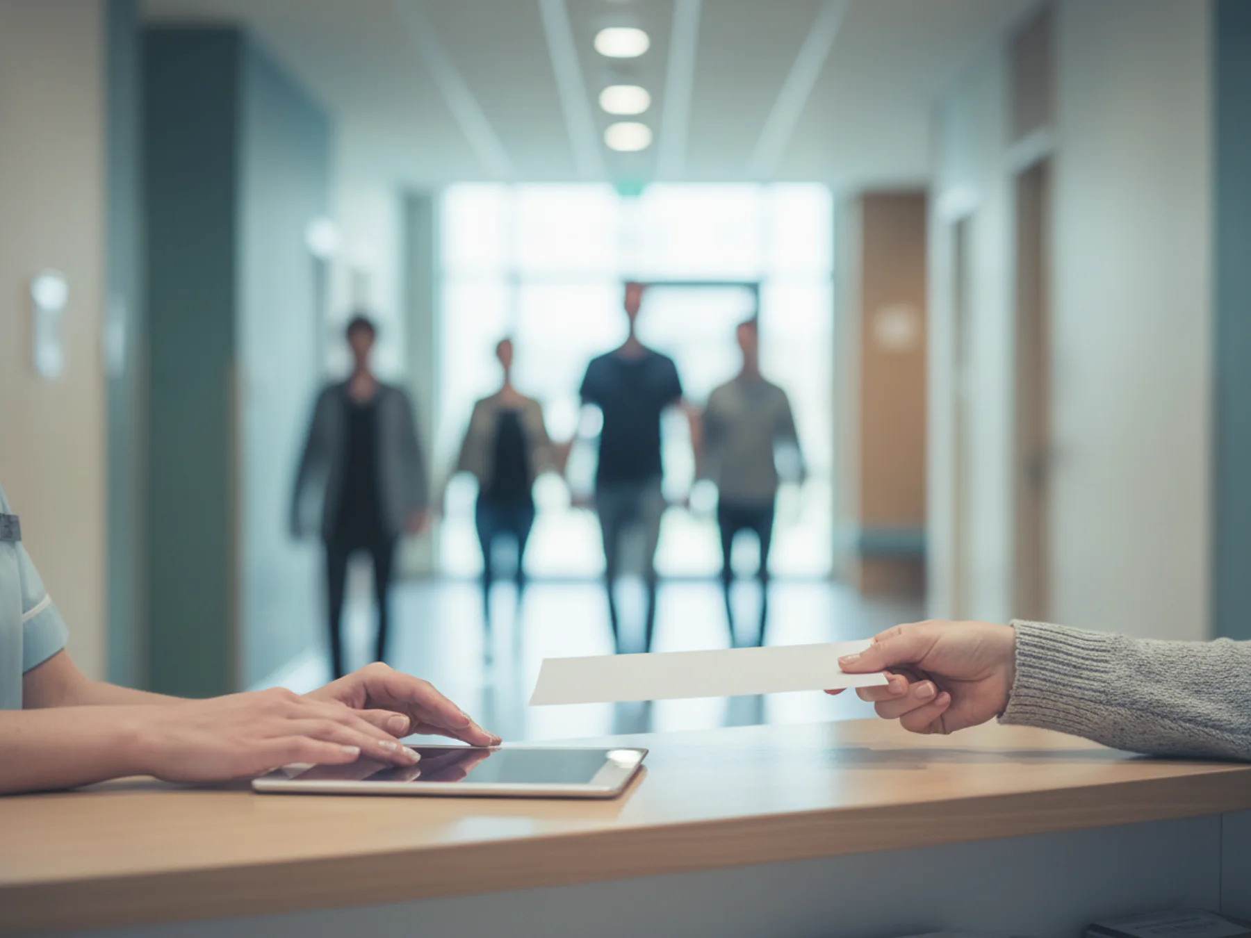 Hands exchanging a form and a tablet at an outpatient clinic reception