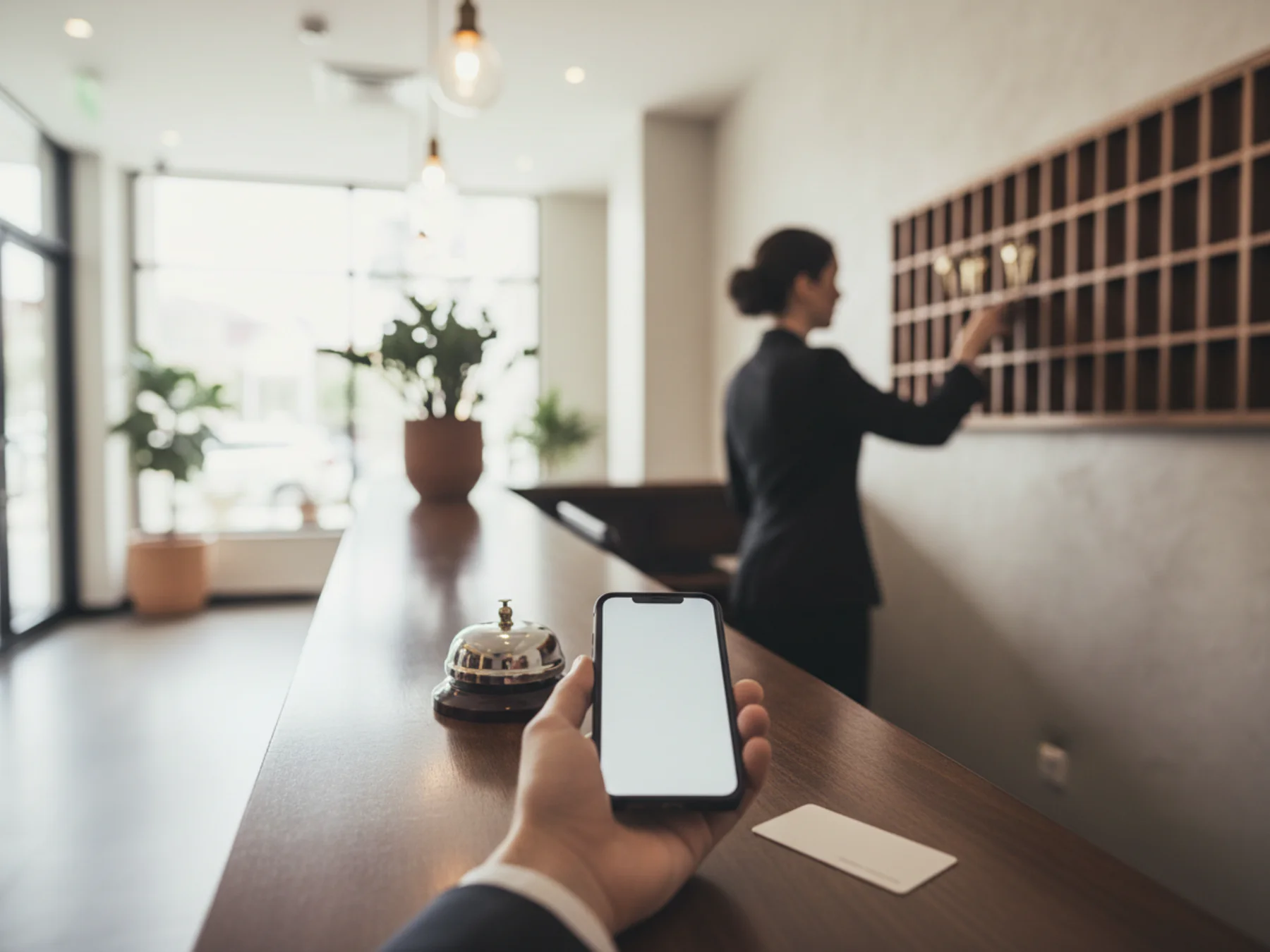 Guest holding a phone at a hotel reception desk while the receptionist reaches for a key