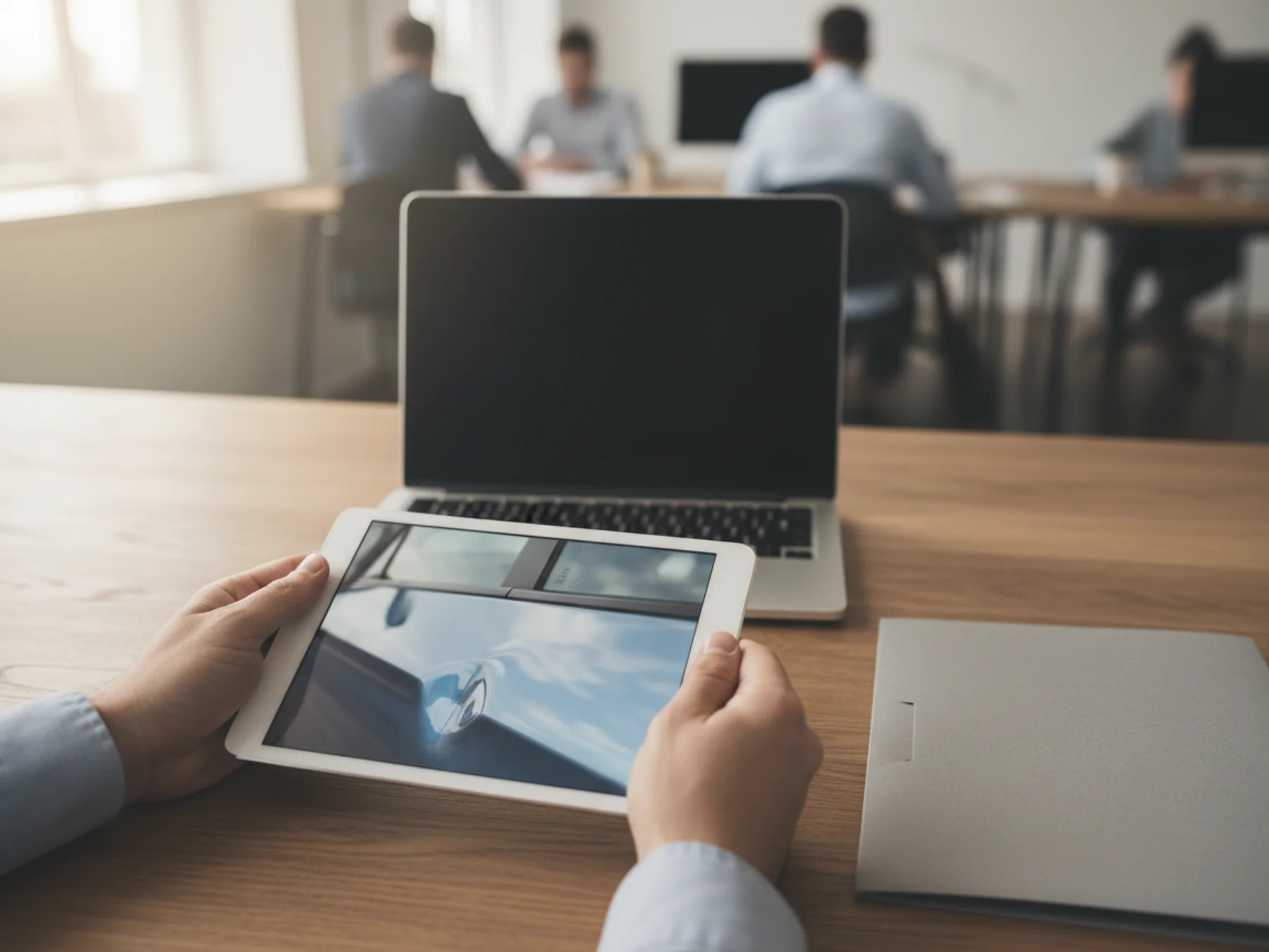 Hands holding a tablet with a photo of a dented car door at a claims desk