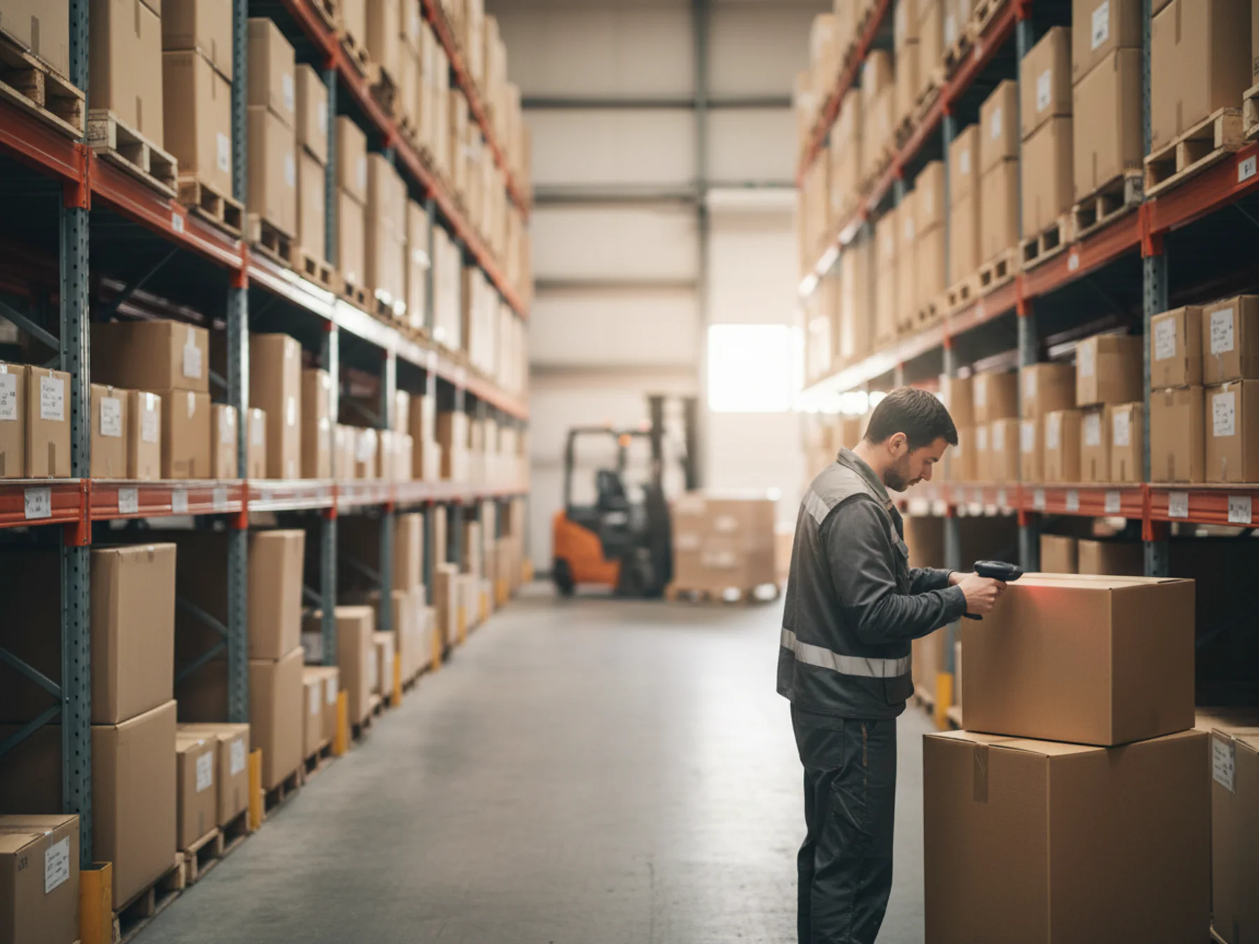 Warehouse worker scanning a parcel in an aisle of stacked boxes