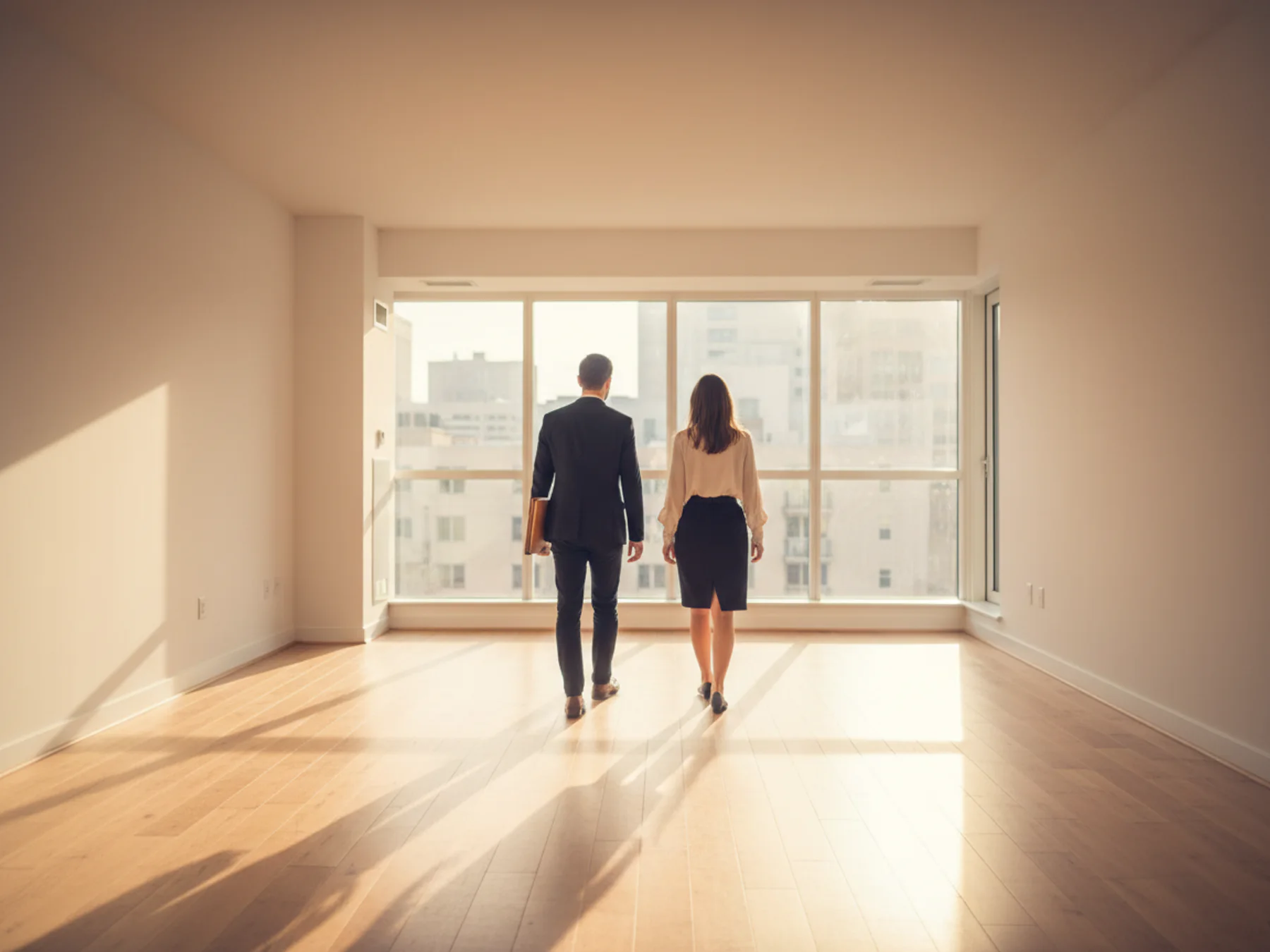Two people walking into a bright, empty apartment during a viewing